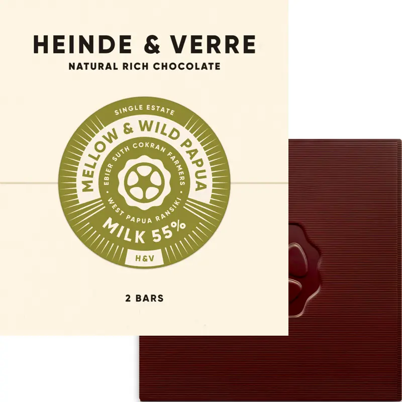 HEINDE & VERRE | Milchschokolade »Mellow & Wild Papua« 55% | 70g Mellow Wild Papua Milchschokolade von Heinde & Verre