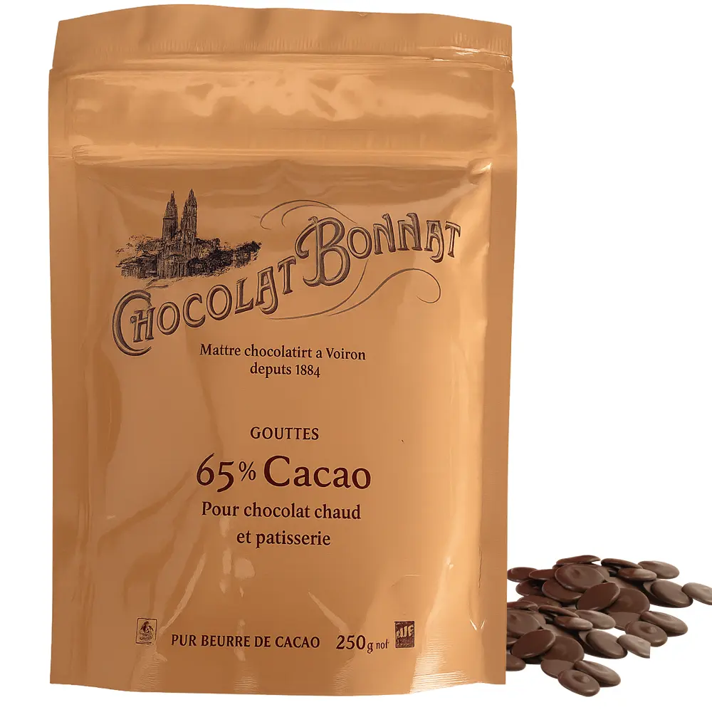 BONNAT Chocolat | Trinkschokolade Schokoladendrops »Cacao« 65% | 250g Schokoladendrops zum backen, kochen oder für Trinkschokolade von Bonnat mit 65% Kakaogehalt. Von Bonnat Frankreich, hellbrauner Beutel